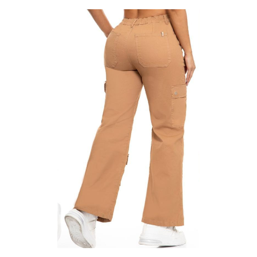 Pantalón Cargo Mujer Color Camel Tela Drill Stretch Bolsillos Funcionales Tiro Alto
