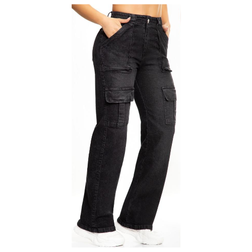 Vaquero Jeans Cargo Negro Mujer Corte Recto con Bolsillos