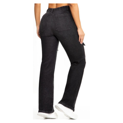 Vaquero Jeans Cargo Negro Mujer Corte Recto con Bolsillos