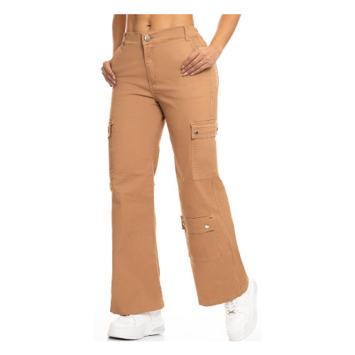Pantalón Cargo Mujer Color Camel Tela Drill Stretch Bolsillos Funcionales Tiro Alto