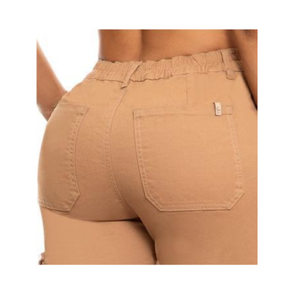 Pantalón Cargo Mujer Color Camel Tela Drill Stretch Bolsillos Funcionales Tiro Alto
