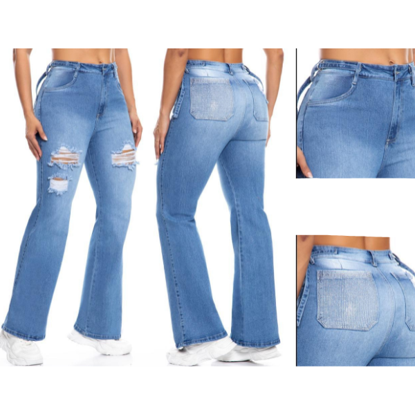 Jeans Colombianos Vaquero Mujer Recto con Rotos y Bolsillo Brillantes