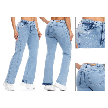 Jeans Colombianos Vaquero Mujer Recto Claro con Brillantes