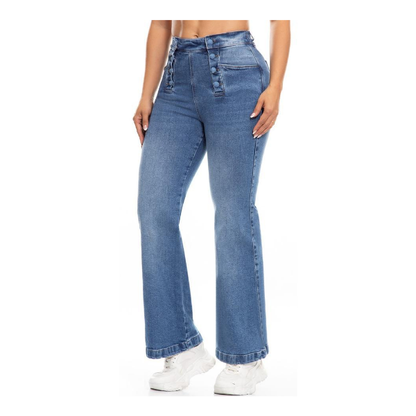 Jeans Vaquero Mujer Pierna Recta con 6 Botones Sin Cremallera Colombiano