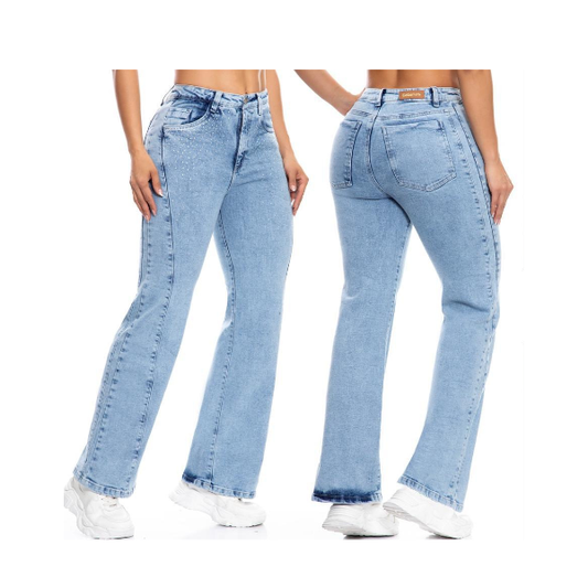 Jeans Colombianos Vaquero Mujer Recto Claro con Brillantes