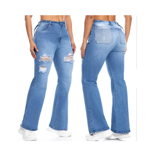 Jeans Colombianos Vaquero Mujer Recto con Rotos y Bolsillo Brillantes