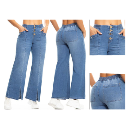 Vaquero Jeans Denim Ligero Colombiano Tiro Alto y Pretina Elástica.