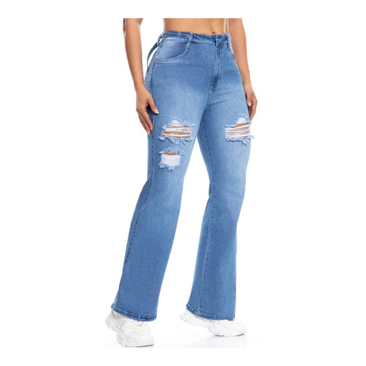 Jeans Colombianos Vaquero Mujer Recto con Rotos y Bolsillo Brillantes