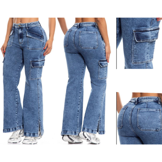 Vaquero Jeans Cargo Mujer Colombiano Súper Elástico Denim Alta Calidad