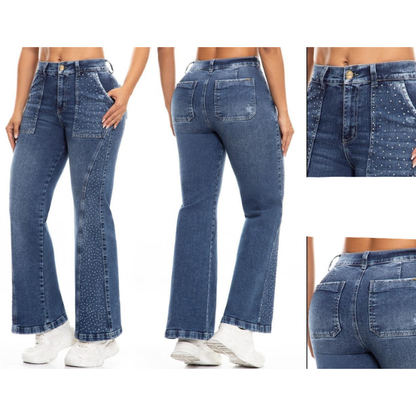 Vaquero Jeans Bootcut con Brillos para Mujer Súper Elástico
