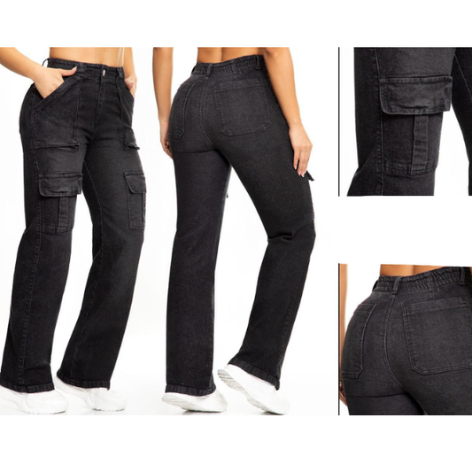 Vaquero Jeans Cargo Negro Mujer Corte Recto con Bolsillos